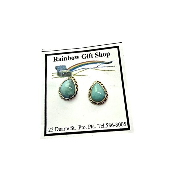 Sterling Silver Larimar Teardrop Cabochon Pierced Earrings Dominican Republic - Picture 5 of 10